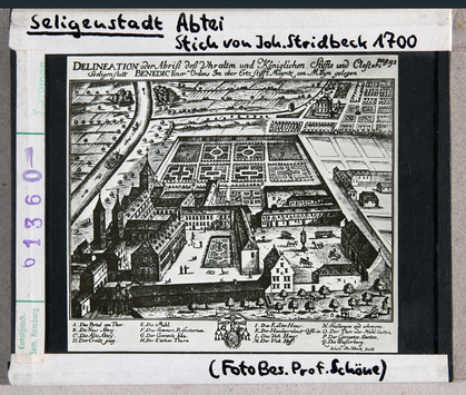 Vorschaubild Seligenstadt: Einhardtsbasilika, Stich von STridbeck 1700 